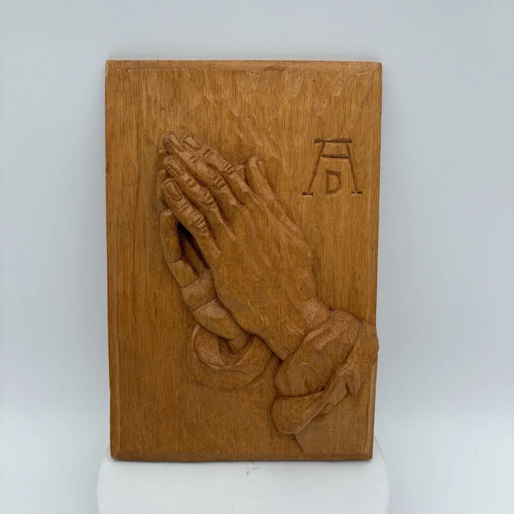 VTG Praying Hands Wall Wooden Plaque, Religious Decor, Hand Carved 9